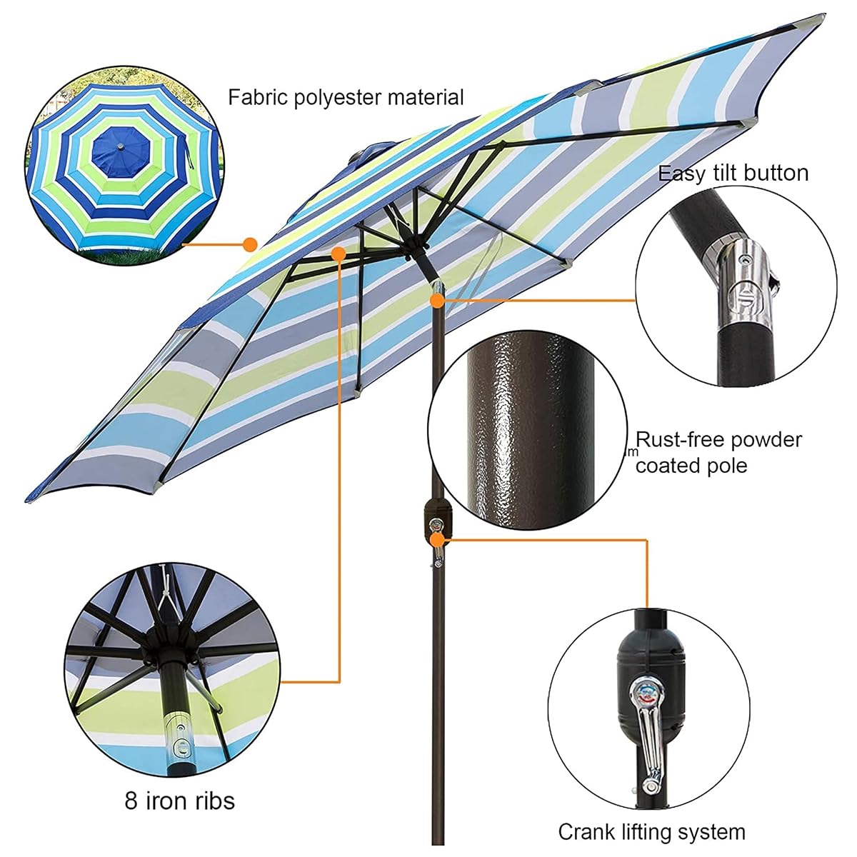 Blissun 9' Outdoor Patio Umbrella, Striped Patio Umbrella, Outdoor Table Umbrella, Market Umbrella with 8 Sturdy Ribs, Push Button Tilt and Crank (Blue and Green) - detail image 1