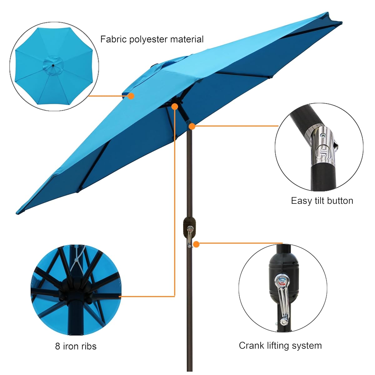 Blissun 9' Outdoor Patio Umbrella, Outdoor Table Umbrella, Yard Umbrella, Market Umbrella with 8 Sturdy Ribs, Push Button Tilt and Crank (Light Blue) - detail image 2