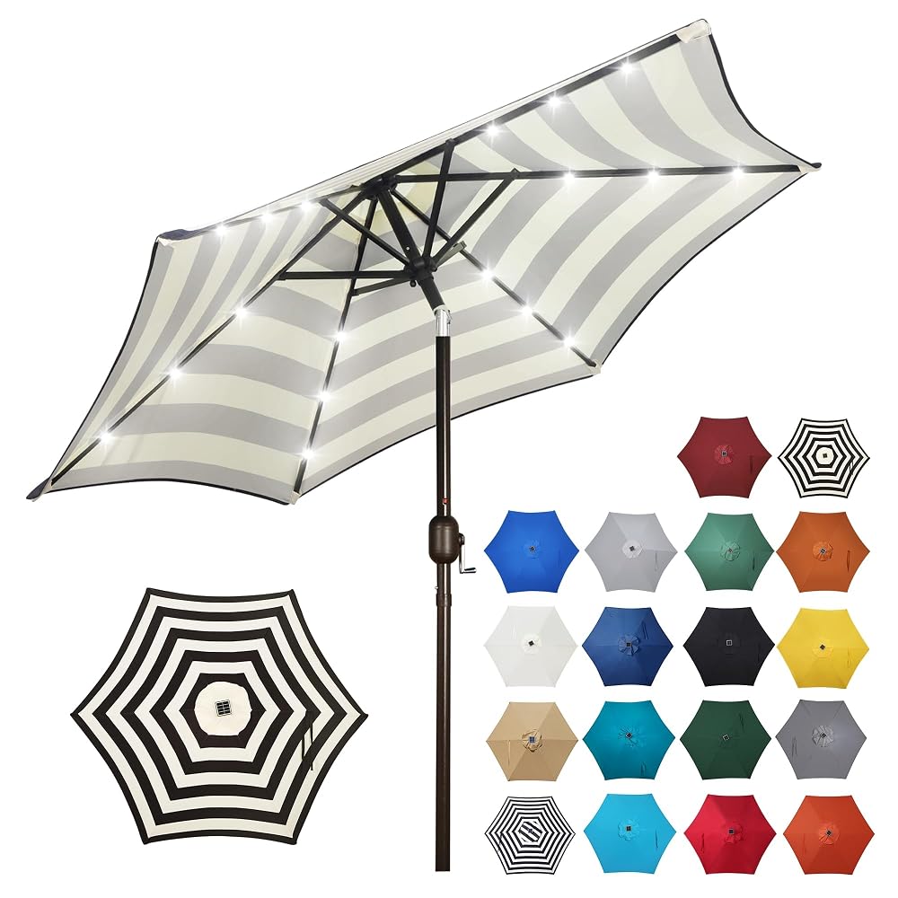 Blissun 7.5 ft Solar Umbrella, 18 LED Lighted Patio Umbrella, Table Market Umbrella, Black & Beige