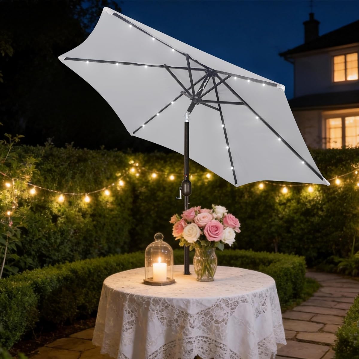 Blissun 7.5 ft Solar Umbrella, 18 LED Lighted Patio Umbrella, Table Market Umbrella, Light Grey - detail image 5