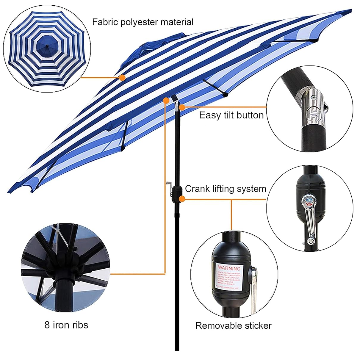 Blissun 9' Outdoor Patio Umbrella, Striped Patio Umbrella, Outdoor Table Umbrella, Market Umbrella with 8 Sturdy Ribs, Push Button Tilt and Crank (Blue & White Stripe) - detail image 1