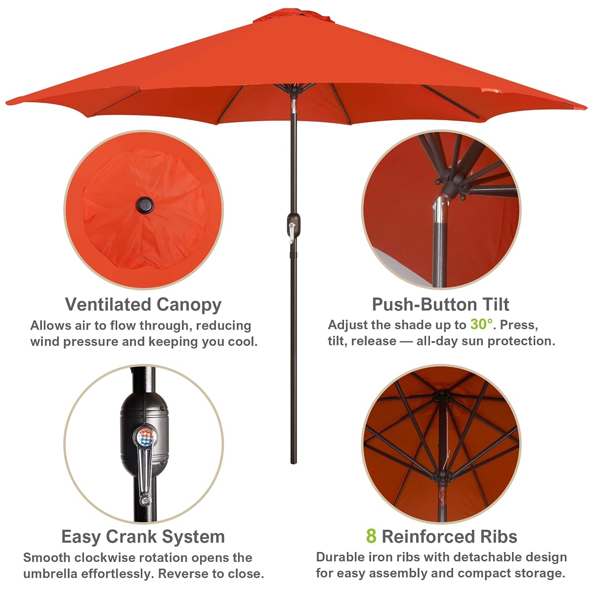 Blissun 10FT Patio Umbrella, Outdoor Table Umbrella, Yard Umbrella, Market Umbrella with 8 Sturdy Ribs, Push Button Tilt and Crank, Orange - detail image 1