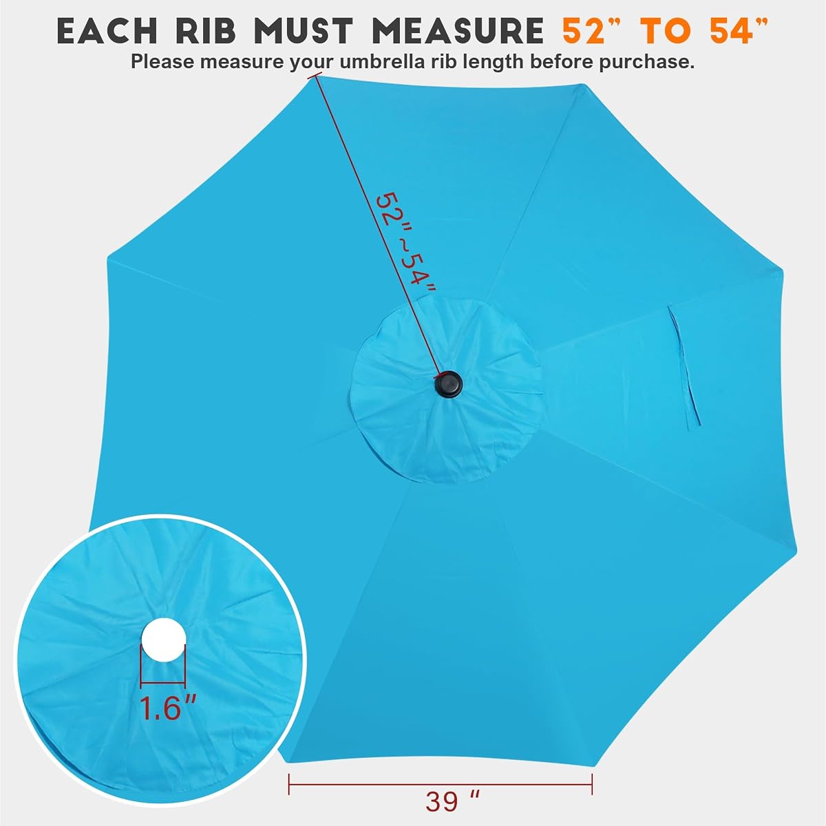 Blissun 9ft Patio Umbrella Replacement Canopy, Market Umbrella Top, Outdoor Table Umbrella Canopy for 8 Ribs, Canopy Only (Light Blue) - detail image 1