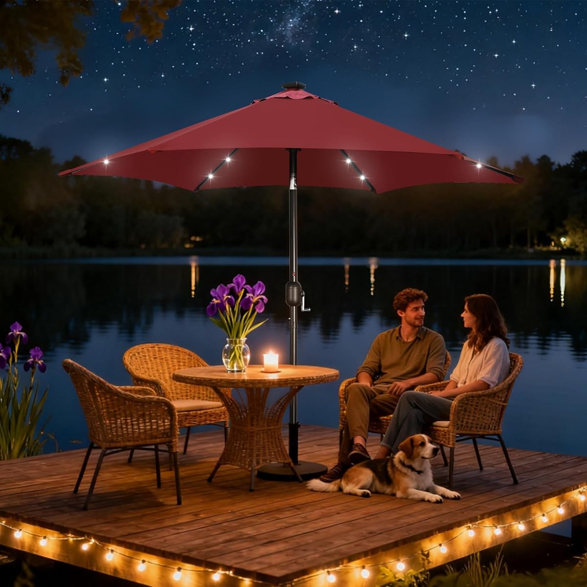 Blissun 7.5 ft Solar Umbrella, 18 LED Lighted Patio Umbrella, Table Market Umbrella, Burgundy - detail image 5