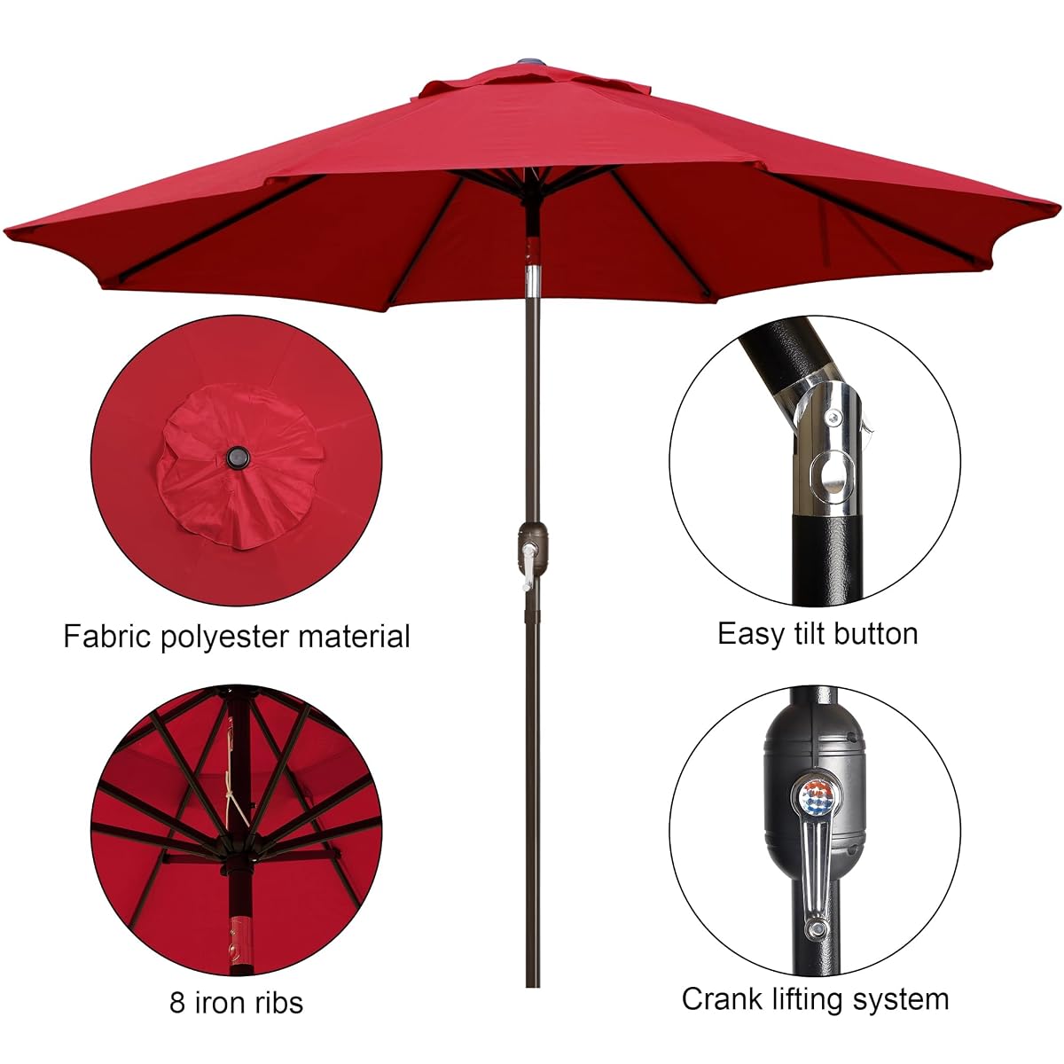 Blissun 9' Outdoor Patio Umbrella, Outdoor Table Umbrella, Yard Umbrella, Market Umbrella with 8 Sturdy Ribs, Push Button Tilt and Crank (Red) - detail image 4
