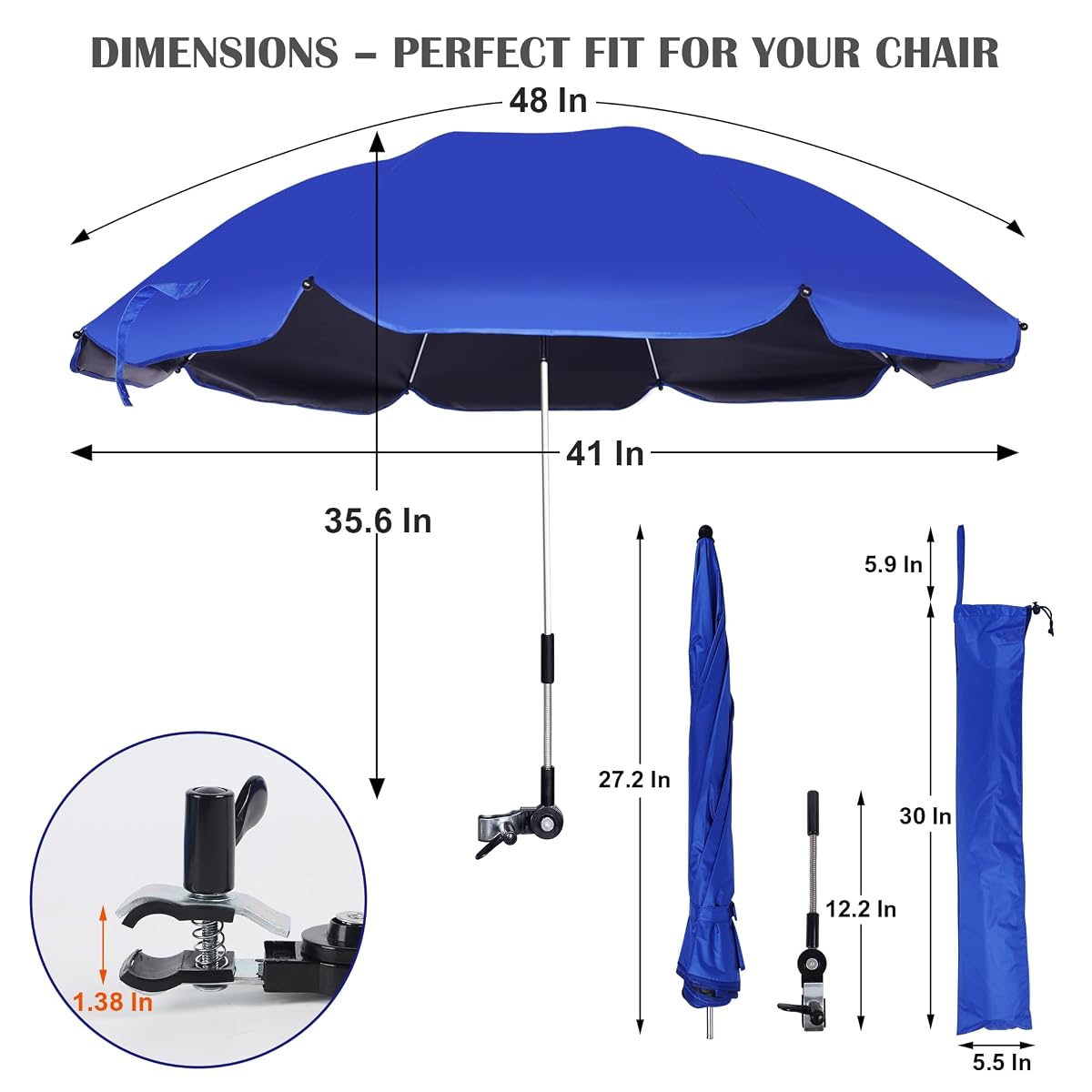 Blissun 2 Pack Chair Umbrella with Clamp, Adjustable Umbrellas for Chair, UPF50+ Sun Shade Umbrella for Beach Chair, Wheelchair, Camping Chair, Patio Chair, Golf Carts, Royal Blue - detail image 1