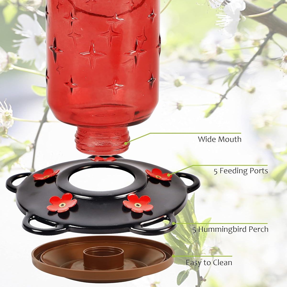 FORUP 32 Ounces Glass Hummingbird Feeders for Outdoors, Hanging Hummingbird Bird Feeder for Outdoor Garden Tree Yard Outside Decoration, Clear - imagen de detalle 2