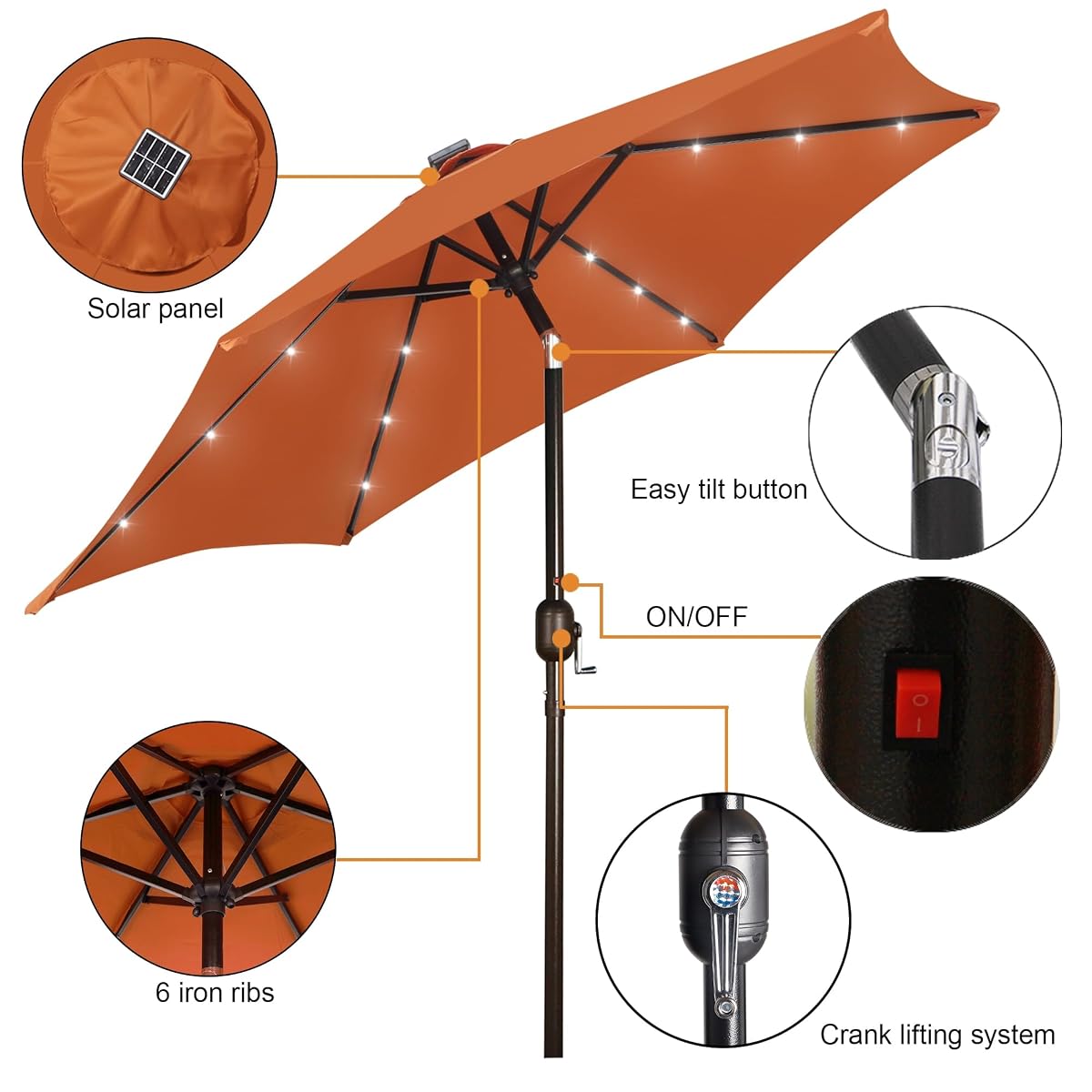 Blissun 7.5 ft Solar Umbrella, 18 LED Lighted Patio Umbrella, Table Market Umbrella, Rust - detail image 1