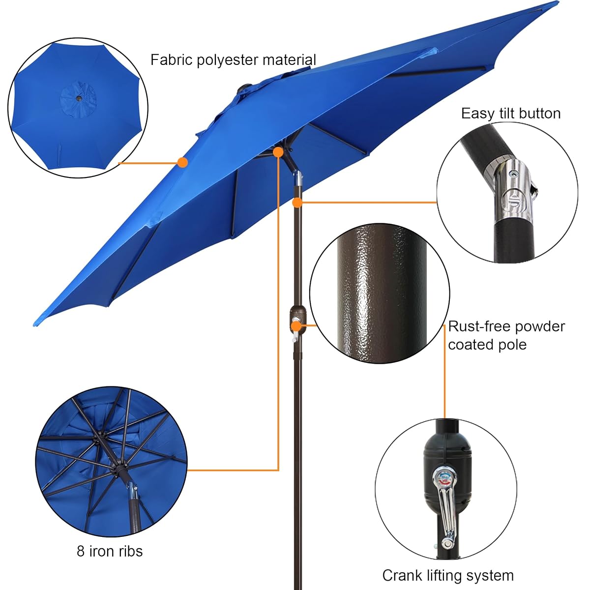 Blissun 9' Outdoor Patio Umbrella, Outdoor Table Umbrella, Yard Umbrella, Market Umbrella with 8 Sturdy Ribs, Push Button Tilt and Crank, Royal Blue - detail image 1