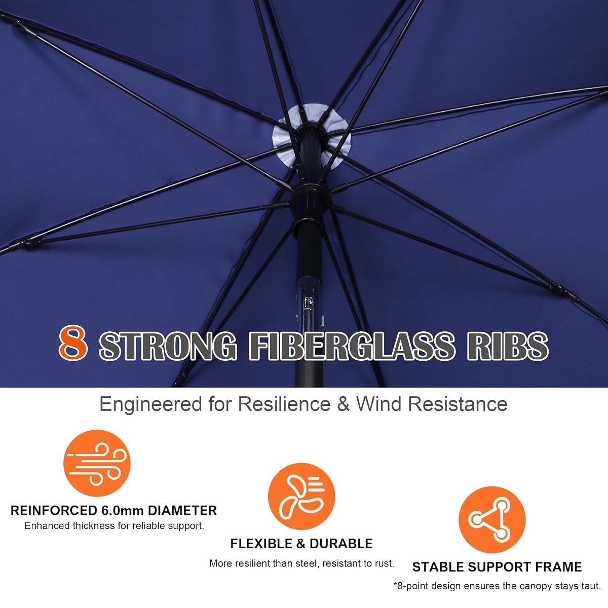 Blissun 6.5ft Patio Umbrella with Push Button Tilt & Height Adjustable, UV50+ Sun Protection with Sturdy Fiberglass Ribs & Iron Pole, Market Umbrella for Outdoor Table Garden Backyard Beach, Navy Blue - detail image 3