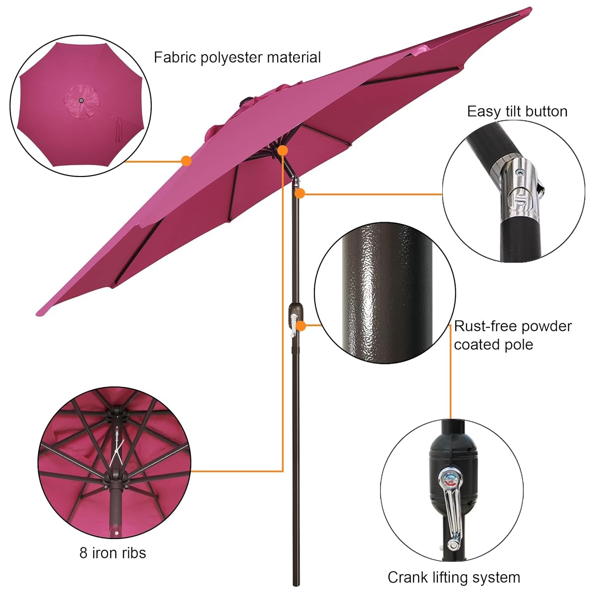 Blissun 9FT Patio Umbrella, Outdoor Table Umbrella, Yard Umbrella, Market Umbrella with 8 Sturdy Ribs, Push Button Tilt and Crank, Fuchsia - detail image 1