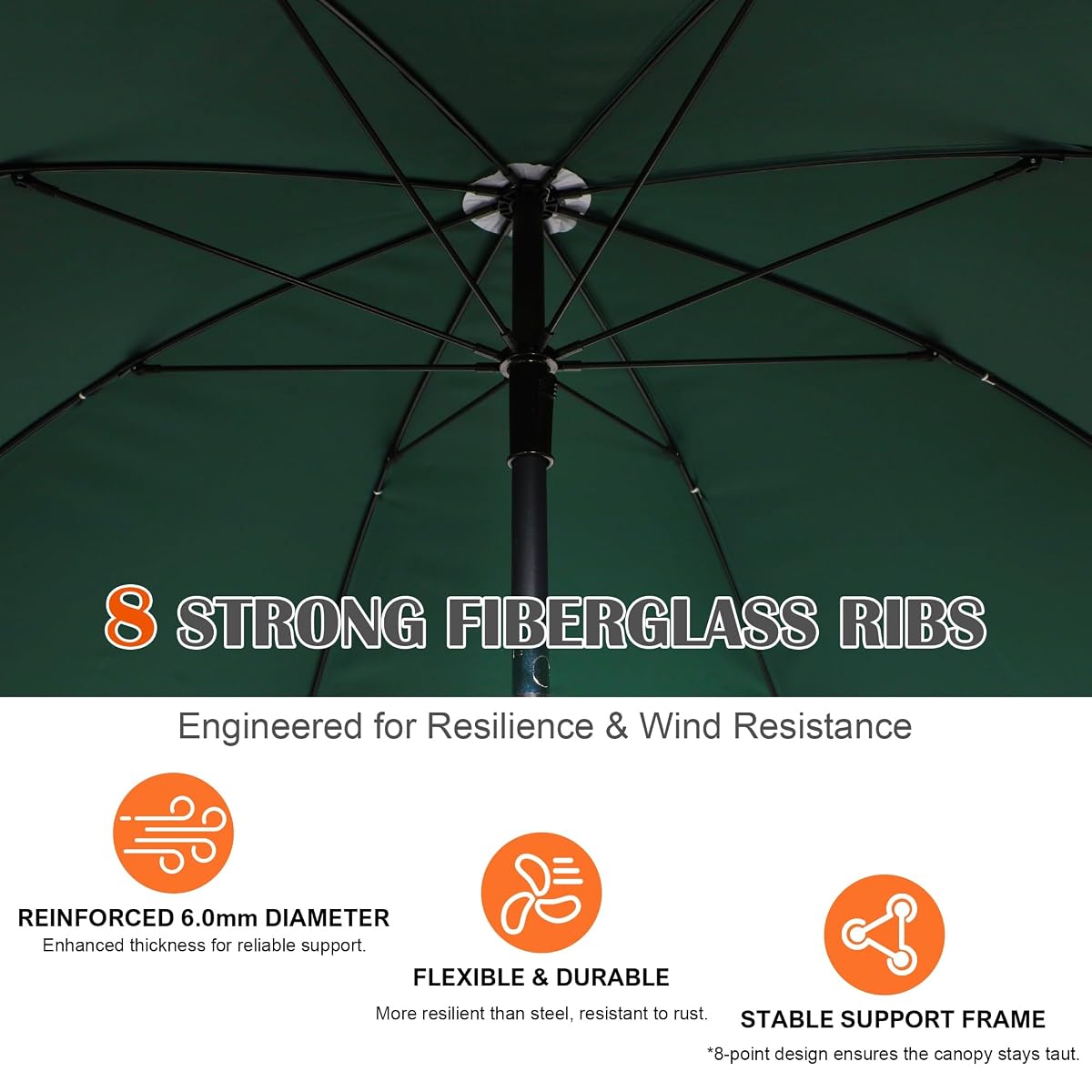 Blissun 6.5ft Patio Umbrella with Push Button Tilt & Height Adjustable, UV50+ Sun Protection with Sturdy Fiberglass Ribs & Iron Pole, Market Umbrella for Outdoor Table Garden Backyard Beach, Dark Green - detail image 3