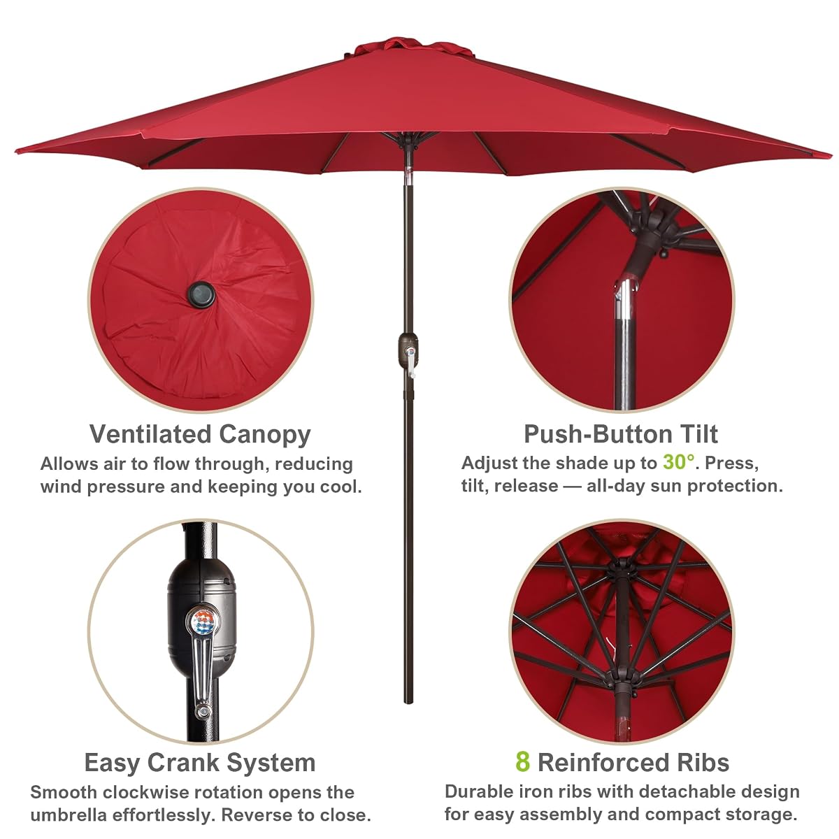 Blissun 10FT Patio Umbrella, Outdoor Table Umbrella, Yard Umbrella, Market Umbrella with 8 Sturdy Ribs, Push Button Tilt and Crank, Red - detail image 1