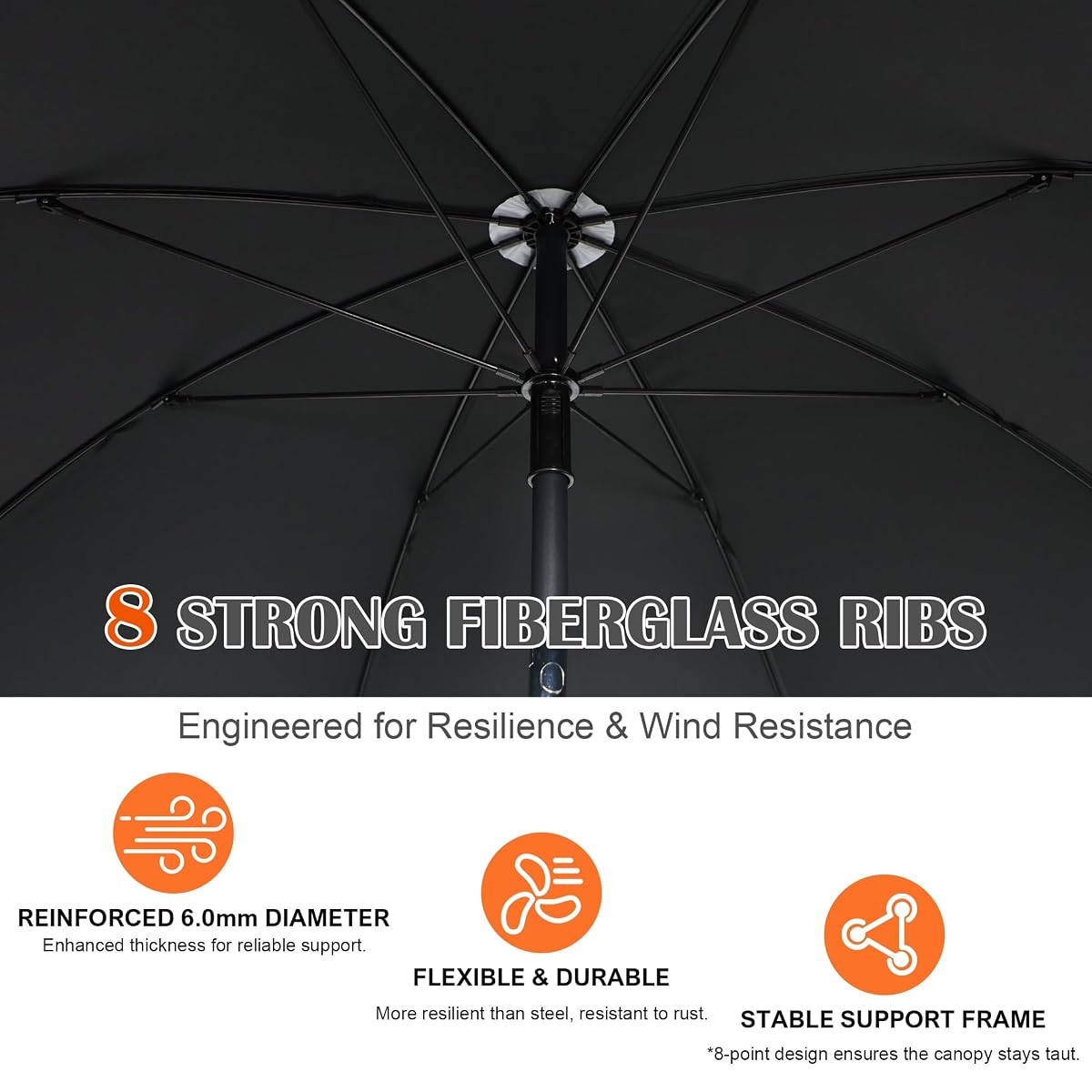 Blissun 6.5ft Patio Umbrella with Push Button Tilt & Height Adjustable, UV50+ Sun Protection with Sturdy Fiberglass Ribs & Iron Pole, Market Umbrella for Outdoor Table Garden Backyard Beach, Black - detail image 3
