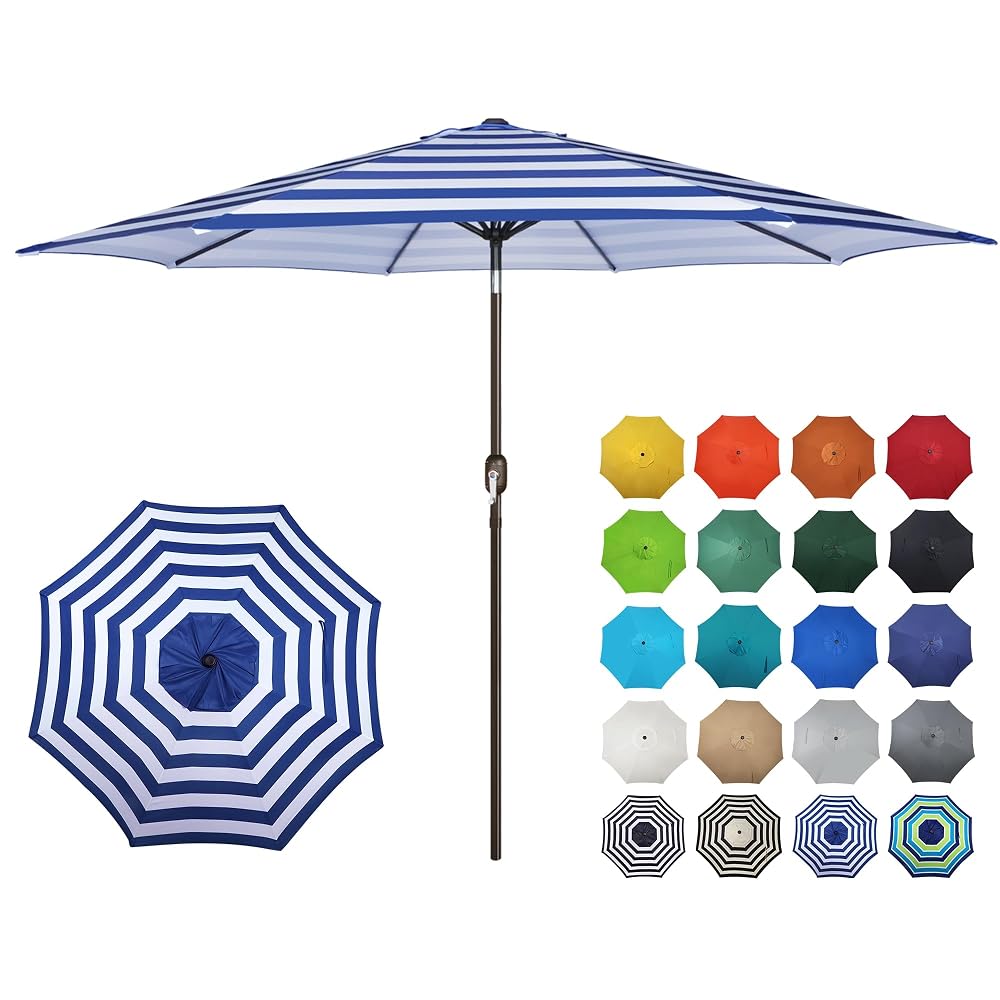 Blissun 10FT Patio Umbrella, Outdoor Table Umbrella, Yard Umbrella, Market Umbrella with 8 Sturdy Ribs, Push Button Tilt and Crank, Blue & White