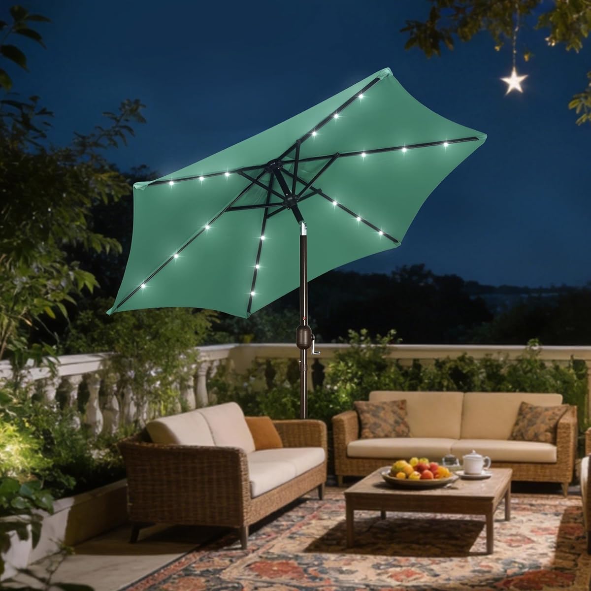 Blissun 7.5 ft Solar Umbrella, 18 LED Lighted Patio Umbrella, Table Market Umbrella, Seaglass - detail image 5