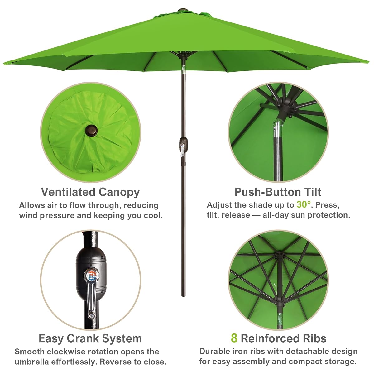Blissun 10FT Patio Umbrella, Outdoor Table Umbrella, Yard Umbrella, Market Umbrella with 8 Sturdy Ribs, Push Button Tilt and Crank, Lime - detail image 1