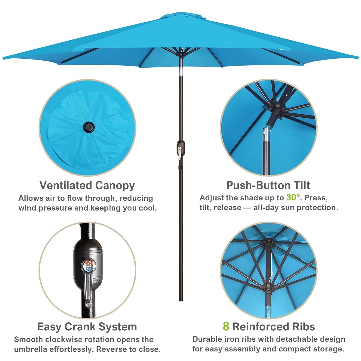 Blissun 10FT Patio Umbrella, Outdoor Table Umbrella, Yard Umbrella, Market Umbrella with 8 Sturdy Ribs, Push Button Tilt and Crank, Light Blue - detail image 1
