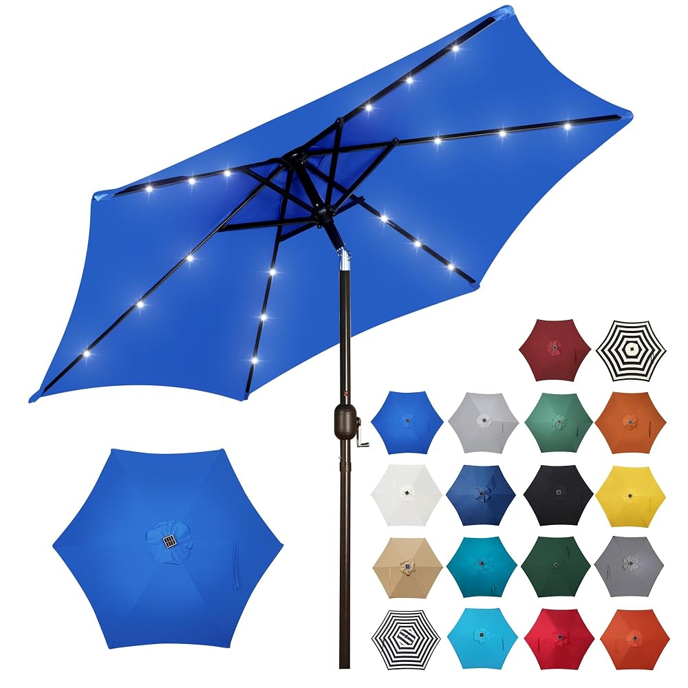 Blissun 7.5 ft Solar Umbrella, 18 LED Lighted Patio Umbrella, Table Market Umbrella, Royal Blue