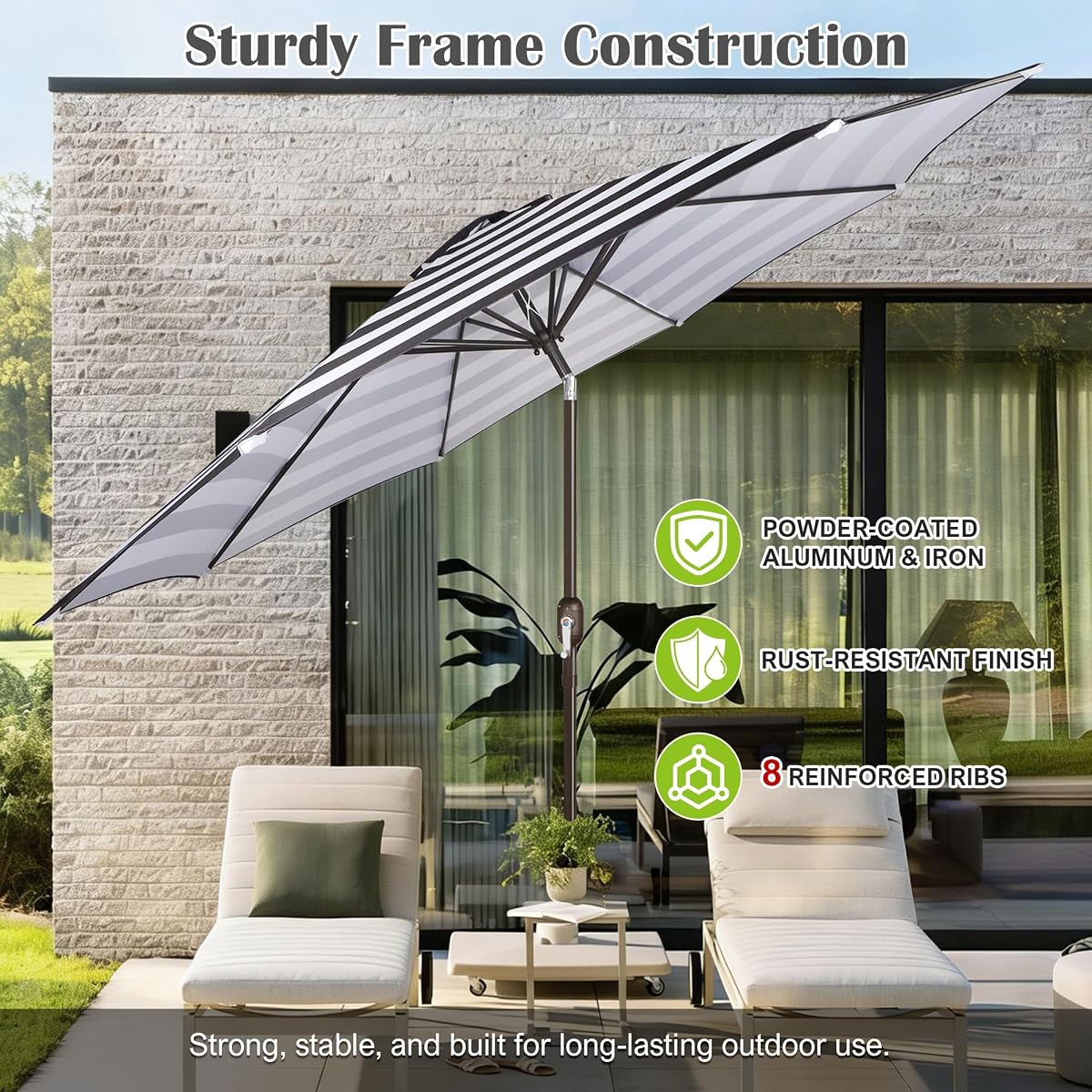 Blissun 10FT Patio Umbrella, Outdoor Table Umbrella, Yard Umbrella, Market Umbrella with 8 Sturdy Ribs, Push Button Tilt and Crank, Black & White Stripe - detail image 2