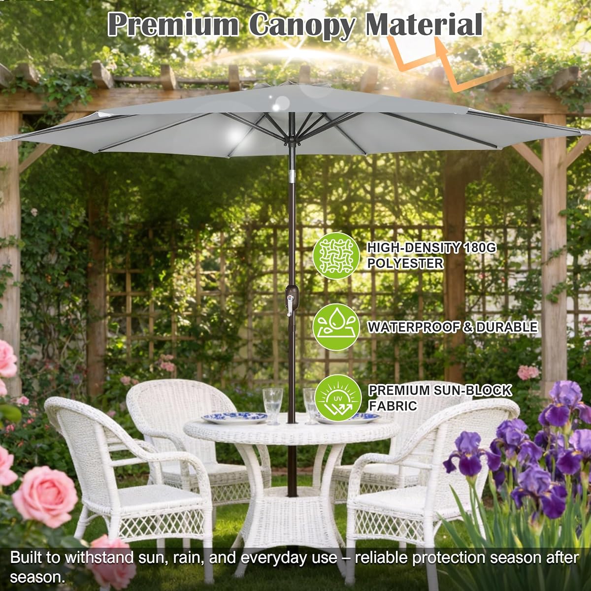 Blissun 10FT Patio Umbrella, Outdoor Table Umbrella, Yard Umbrella, Market Umbrella with 8 Sturdy Ribs, Push Button Tilt and Crank, Grey - detail image 3
