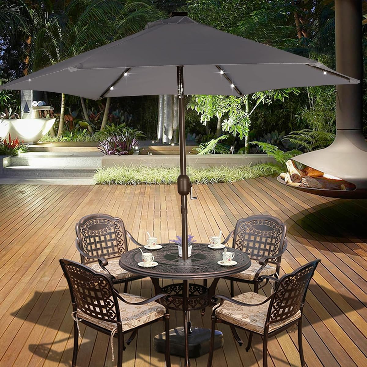 Blissun 7.5 ft Solar Umbrella 18 LED Lighted Patio Umbrella Table Market Umbrella, Dark Grey - detail image 4