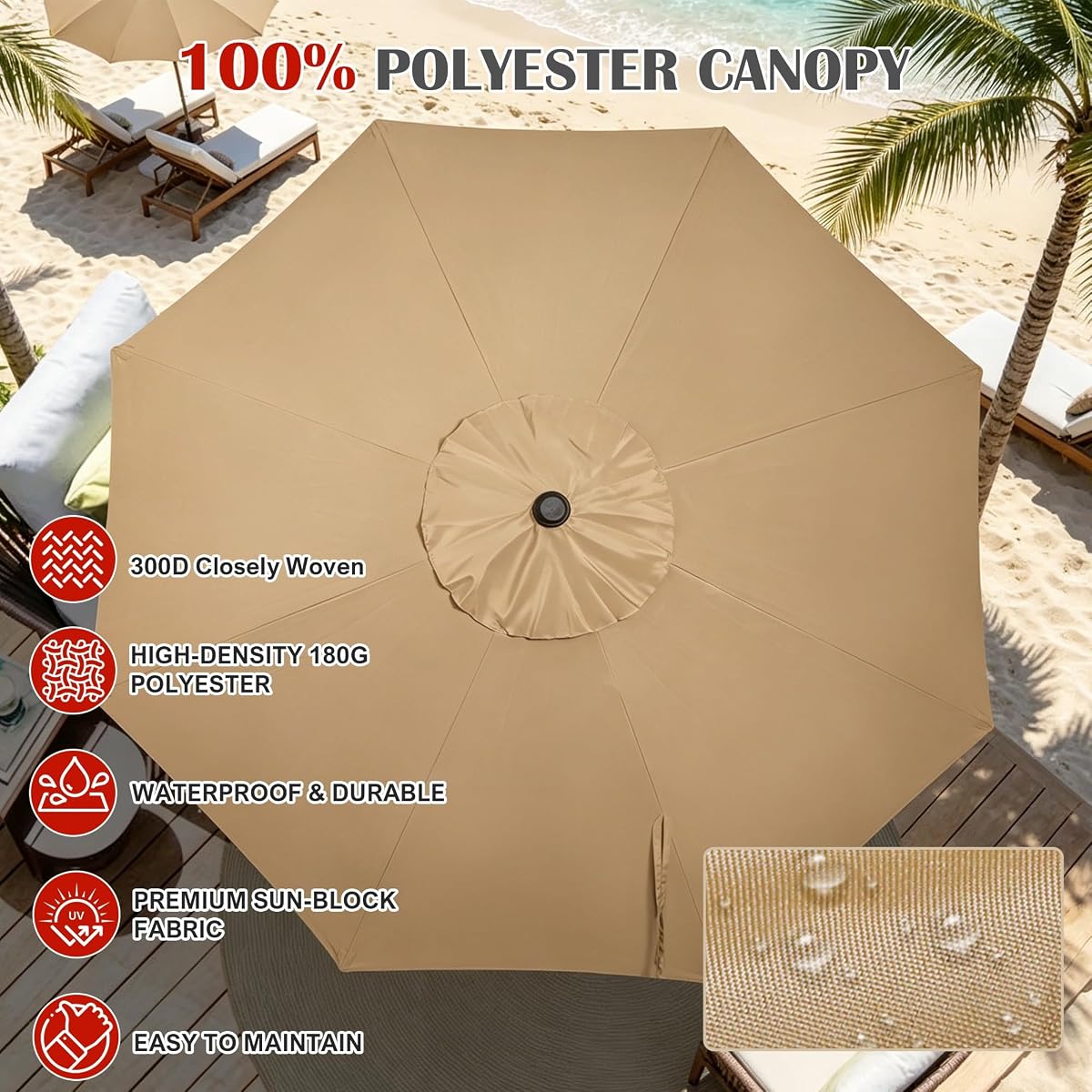 Blissun 9' Outdoor Patio Umbrella, Outdoor Table Umbrella, Yard Umbrella, Market Umbrella with 8 Sturdy Ribs, Push Button Tilt and Crank (Tan) - detail image 5