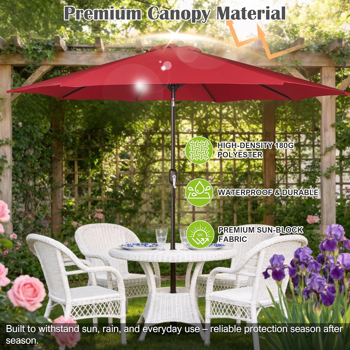 Blissun 10FT Patio Umbrella, Outdoor Table Umbrella, Yard Umbrella, Market Umbrella with 8 Sturdy Ribs, Push Button Tilt and Crank, Red - detail image 3