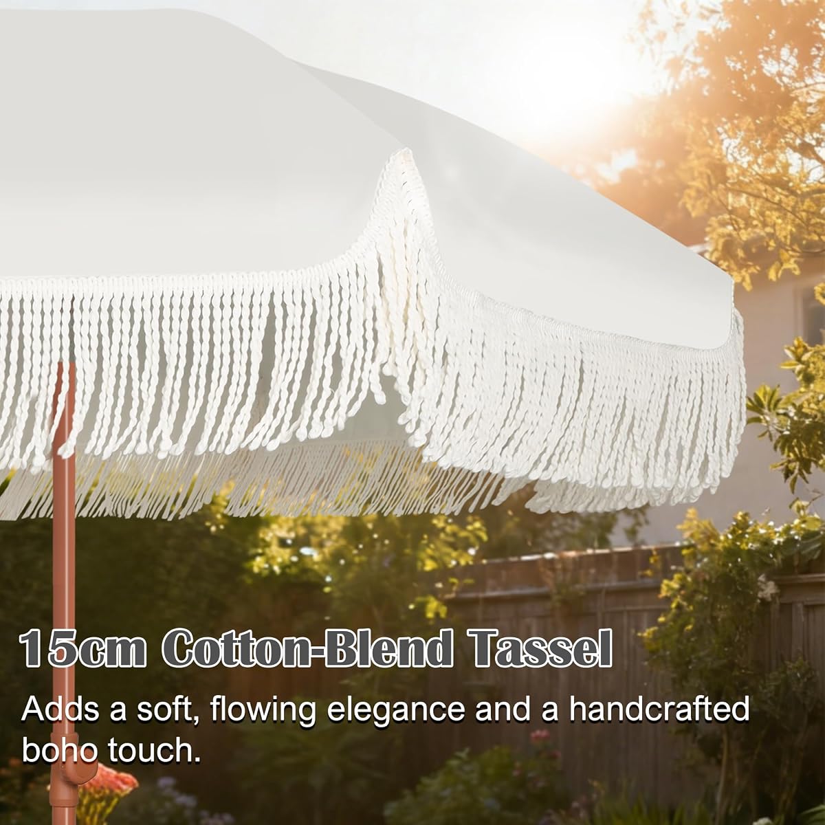 Blissun 6.5FT Outdoor Patio Umbrella with Fringe, UPF 50+ Sun Protection, Push Button Tilt & Height Adjustable, Sturdy Fiberglass Ribs & Brown Powder Coated Iron Pole, Includes Carry Bag, for Garden Backyard Beach Picnic, Light Beige - detail image 1