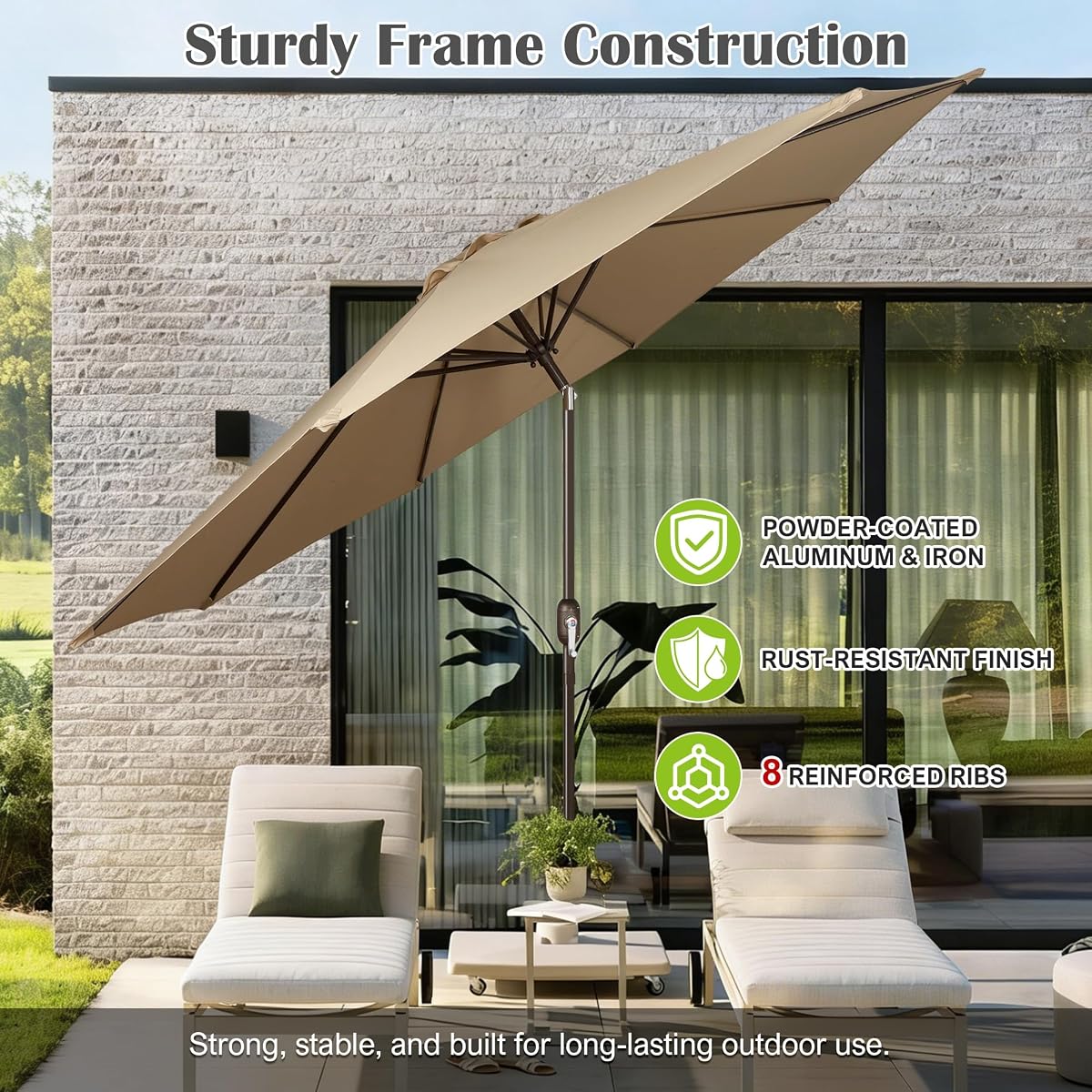 Blissun 10FT Patio Umbrella, Outdoor Table Umbrella, Yard Umbrella, Market Umbrella with 8 Sturdy Ribs, Push Button Tilt and Crank, Tan - detail image 2