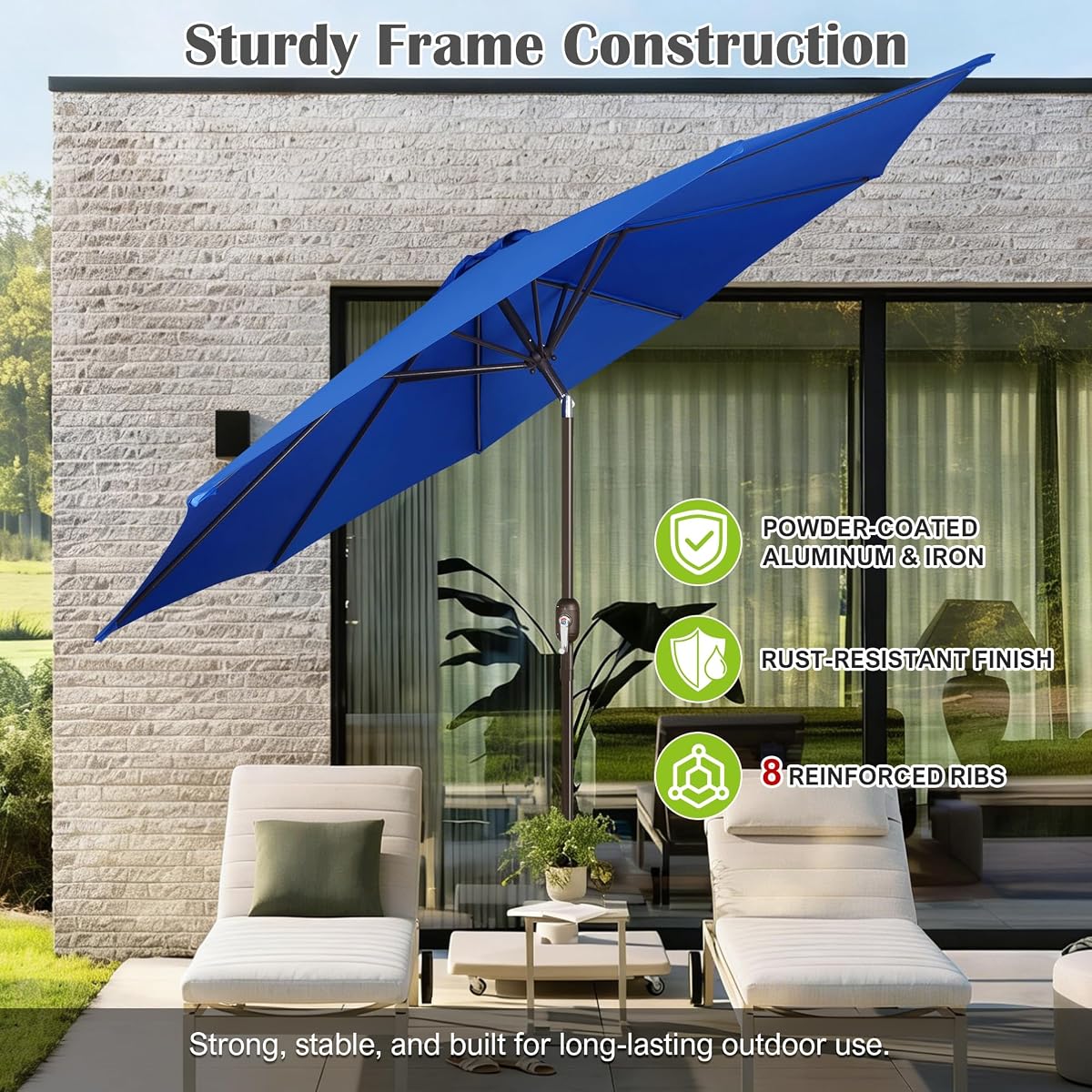 Blissun 10FT Patio Umbrella, Outdoor Table Umbrella, Yard Umbrella, Market Umbrella with 8 Sturdy Ribs, Push Button Tilt and Crank, Royal Blue - detail image 2