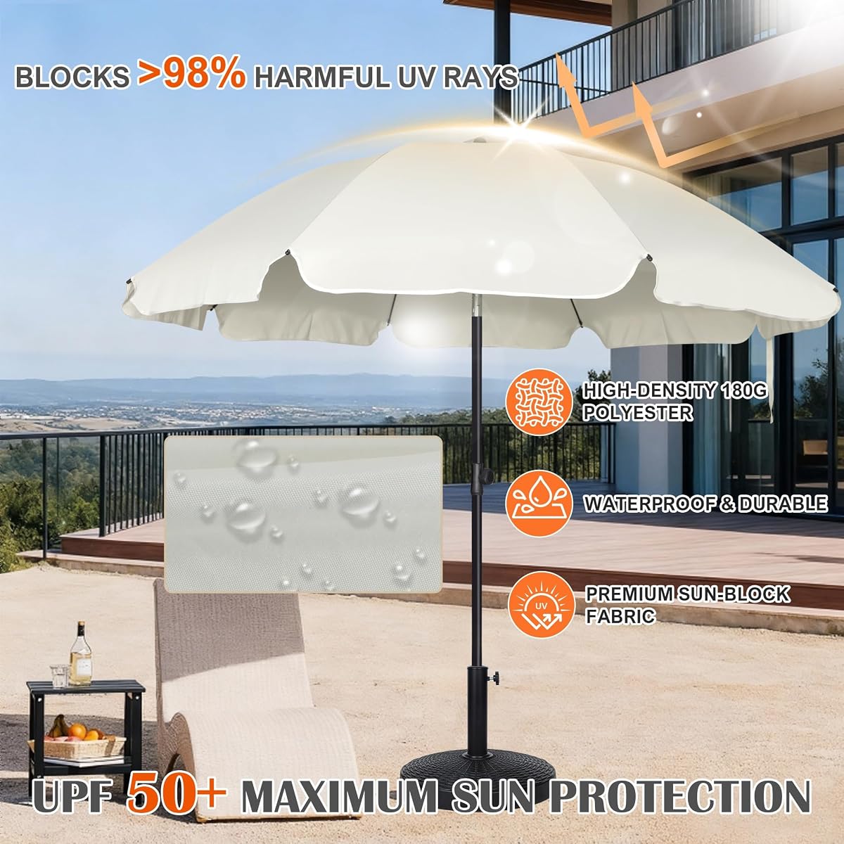 Blissun 6.5ft Patio Umbrella with Push Button Tilt & Height Adjustable, UV50+ Sun Protection with Sturdy Fiberglass Ribs & Iron Pole, Market Umbrella for Outdoor Table Garden Backyard Beach, Cream White - detail image 4