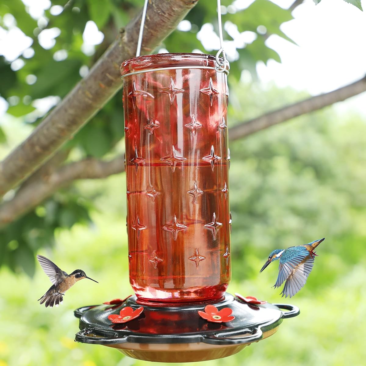 FORUP 32 Ounces Glass Hummingbird Feeders for Outdoors, Hanging Hummingbird Bird Feeder for Outdoor Garden Tree Yard Outside Decoration, Clear - imagen de detalle 4