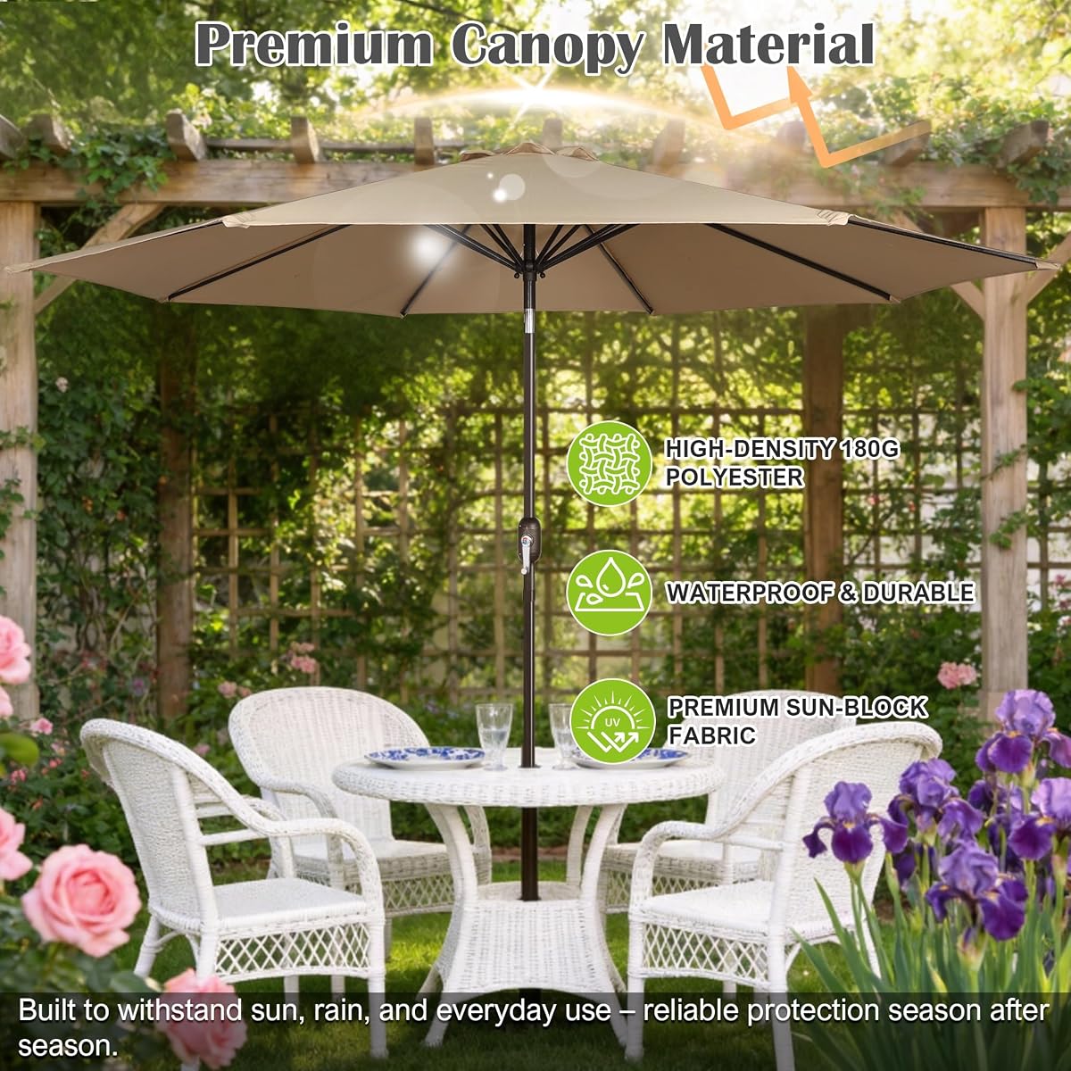 Blissun 10FT Patio Umbrella, Outdoor Table Umbrella, Yard Umbrella, Market Umbrella with 8 Sturdy Ribs, Push Button Tilt and Crank, Tan - detail image 3