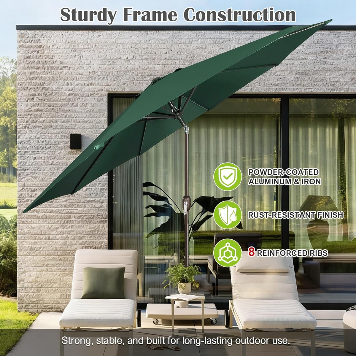 Blissun 10FT Patio Umbrella, Outdoor Table Umbrella, Yard Umbrella, Market Umbrella with 8 Sturdy Ribs, Push Button Tilt and Crank, Dark Green - detail image 2