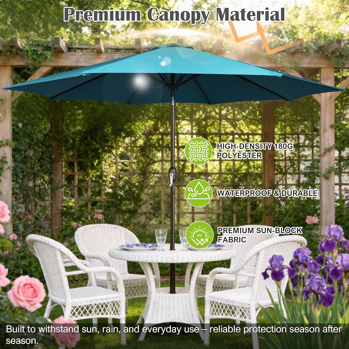 Blissun 10FT Patio Umbrella, Outdoor Table Umbrella, Yard Umbrella, Market Umbrella with 8 Sturdy Ribs, Push Button Tilt and Crank, Cerulean - detail image 3