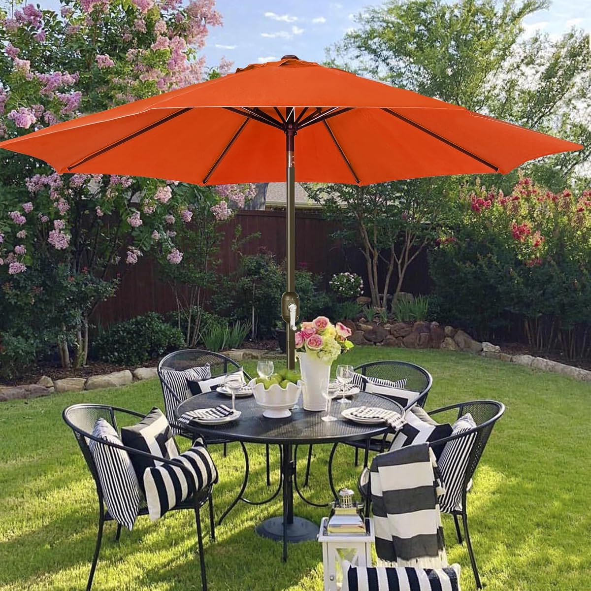 Blissun 9' Outdoor Patio Umbrella, Outdoor Table Umbrella, Yard Umbrella, Market Umbrella with 8 Sturdy Ribs, Push Button Tilt and Crank (Orange) - detail image 5