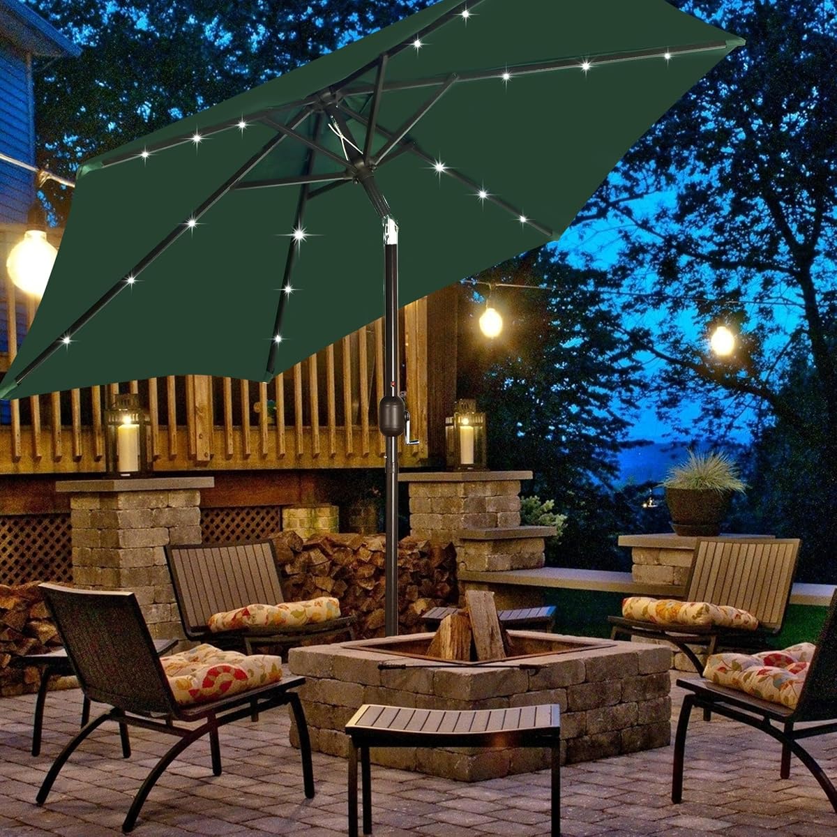 Blissun 7.5 ft Solar Umbrella 18 LED Lighted Patio Umbrella Table Market Umbrella, Dark Green - detail image 5
