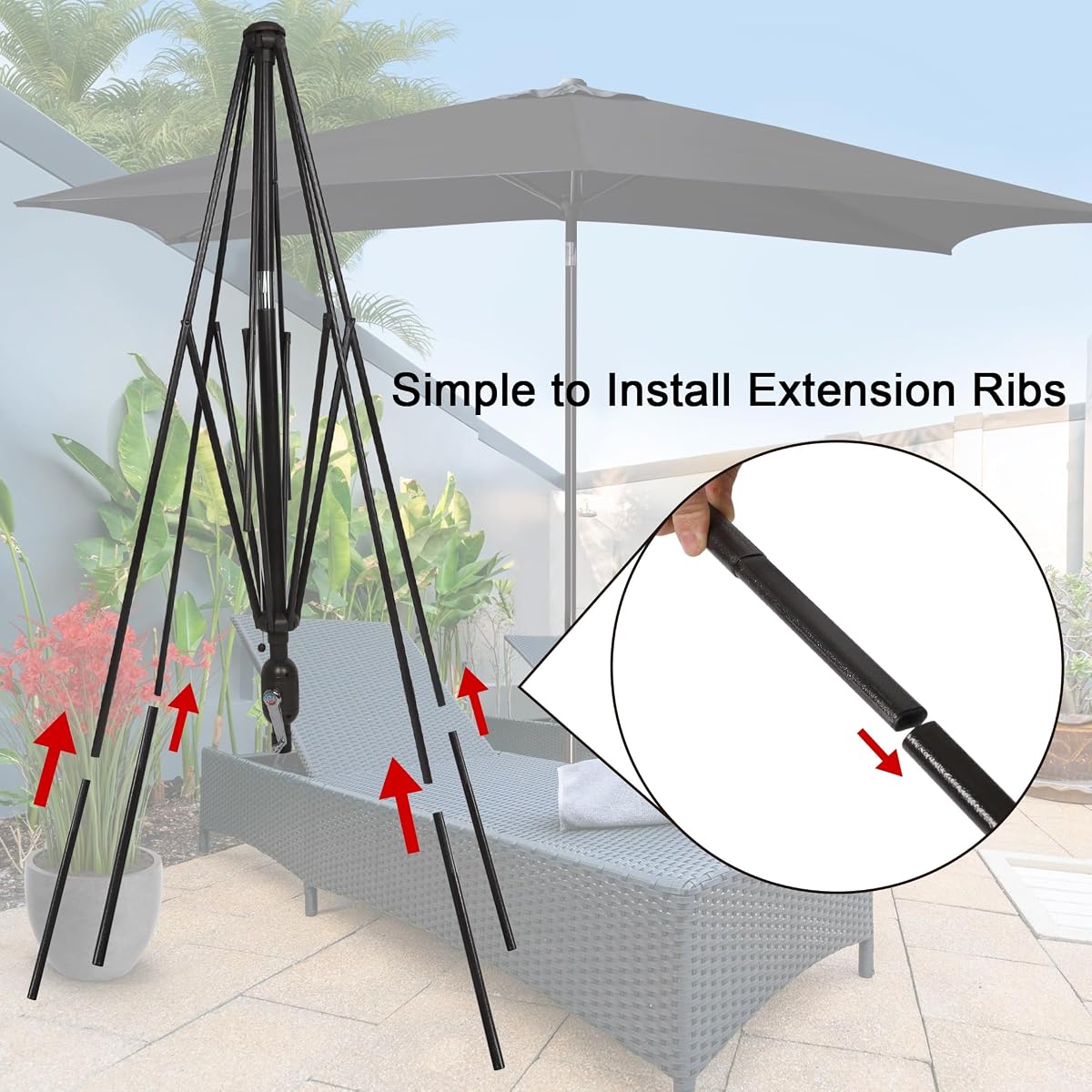 Blissun Square Patio Umbrella with 28 LED Lights, Solar Umbrella Table Market Umbrella with Tilt and Crank Outdoor Umbrella for Garden, Deck, Backyard, Pool and Beach, Dark Grey - detail image 2