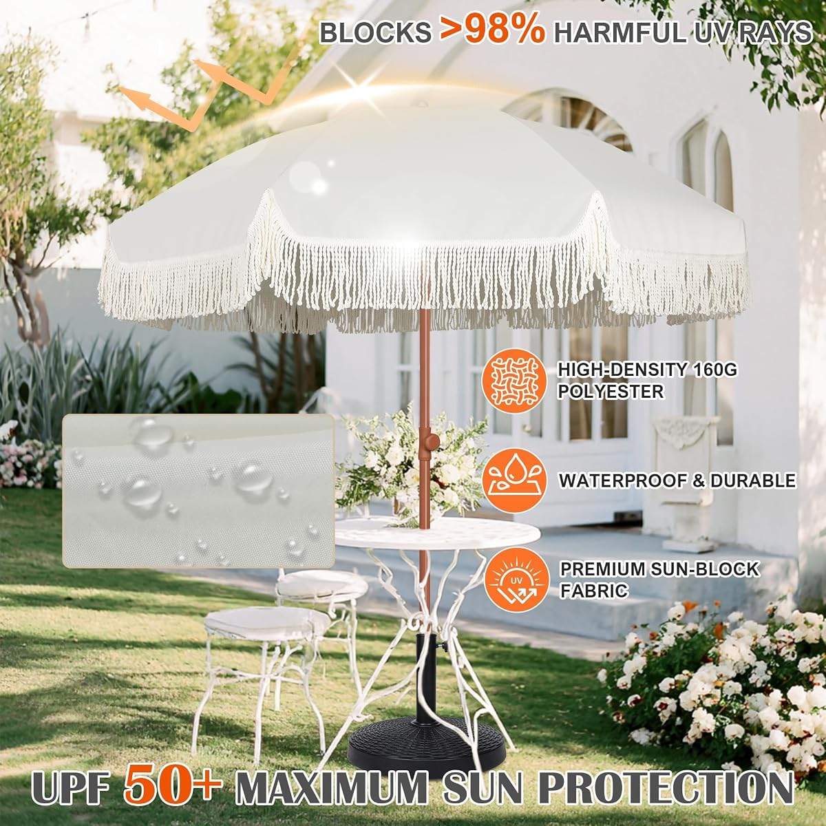 Blissun 6.5FT Outdoor Patio Umbrella with Fringe, UPF 50+ Sun Protection, Push Button Tilt & Height Adjustable, Sturdy Fiberglass Ribs & Brown Powder Coated Iron Pole, Includes Carry Bag, for Garden Backyard Beach Picnic, Light Beige - detail image 4