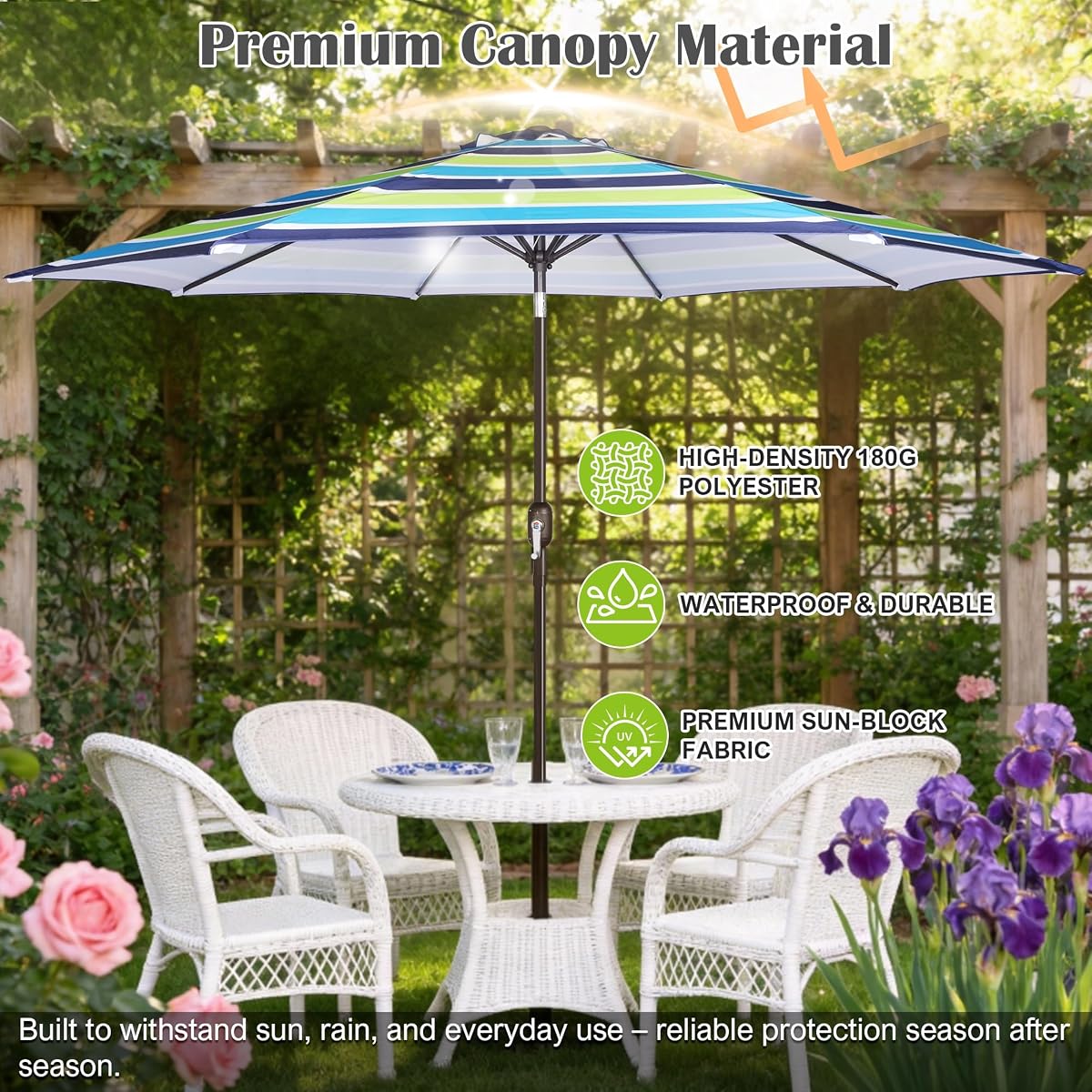 Blissun 10FT Patio Umbrella, Outdoor Table Umbrella, Yard Umbrella, Market Umbrella with 8 Sturdy Ribs, Push Button Tilt and Crank, Blue & Green - detail image 3
