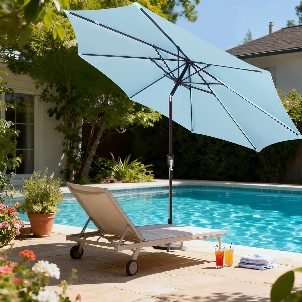 Blissun 9FT Patio Umbrella, Outdoor Table Umbrella, Yard Umbrella, Market Umbrella with 8 Sturdy Ribs, Push Button Tilt and Crank, Pale Turquoise - detail image 5