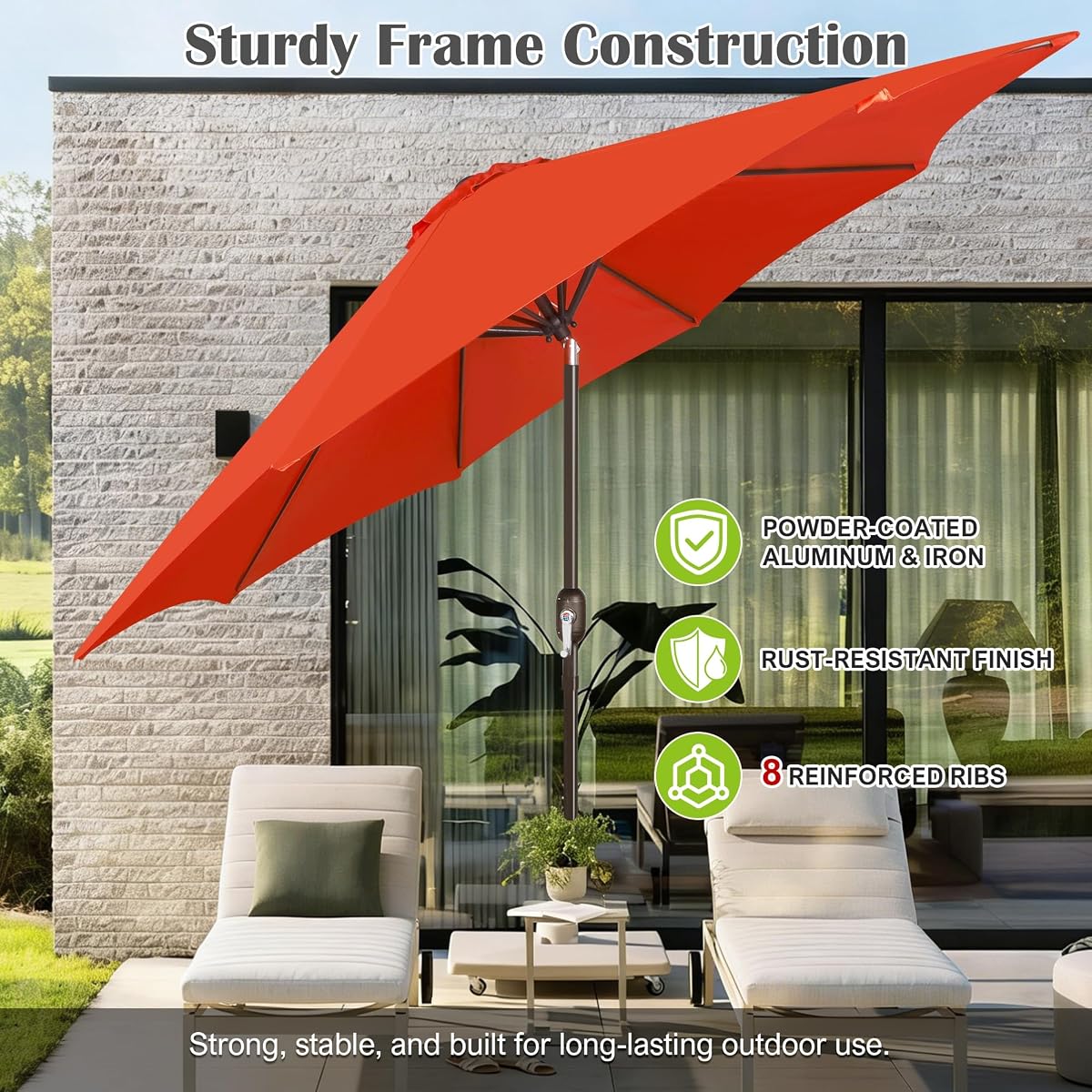 Blissun 10FT Patio Umbrella, Outdoor Table Umbrella, Yard Umbrella, Market Umbrella with 8 Sturdy Ribs, Push Button Tilt and Crank, Orange - detail image 2