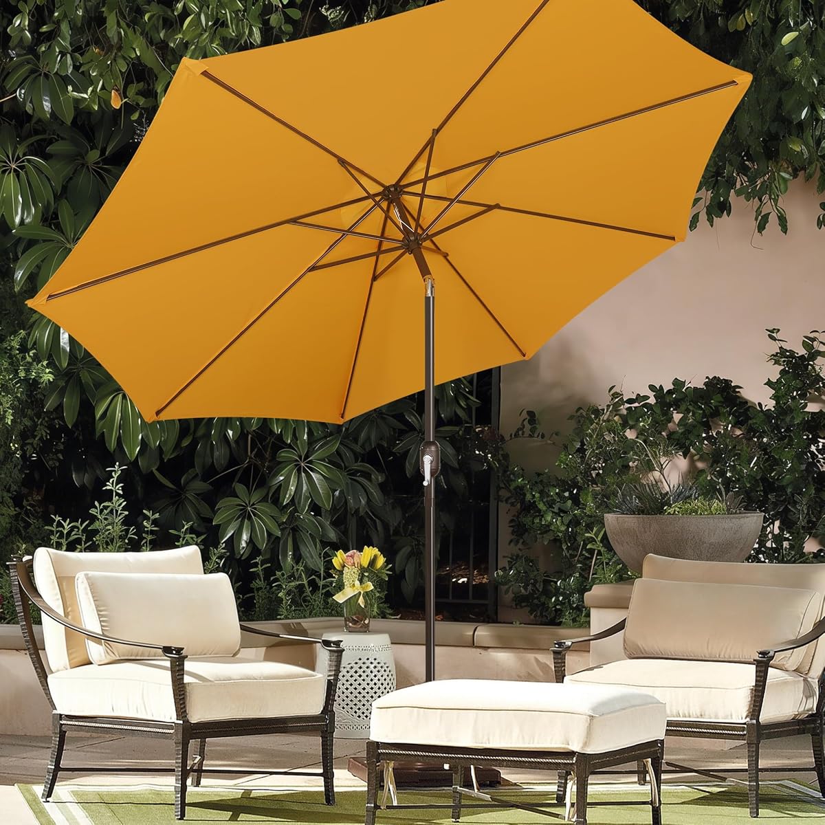 Blissun 9FT Patio Umbrella, Outdoor Table Umbrella, Yard Umbrella, Market Umbrella with 8 Sturdy Ribs, Push Button Tilt and Crank, Golden Yellow - detail image 6