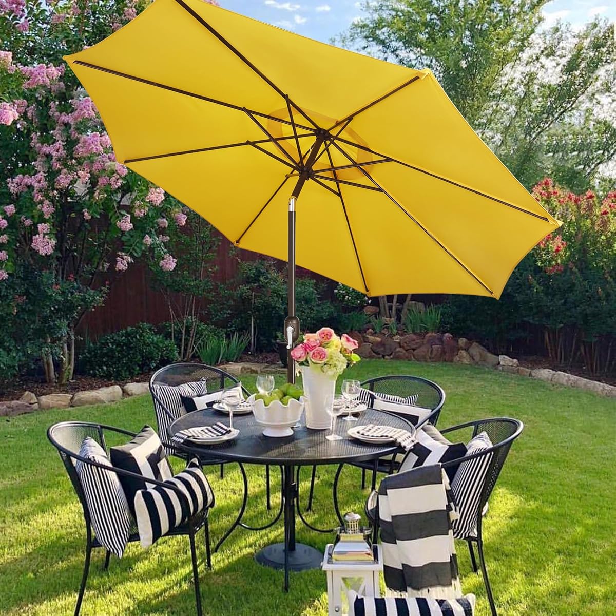 Blissun 9' Outdoor Patio Umbrella, Outdoor Table Umbrella, Yard Umbrella, Market Umbrella with 8 Sturdy Ribs, Push Button Tilt and Crank (Yellow) - detail image 3