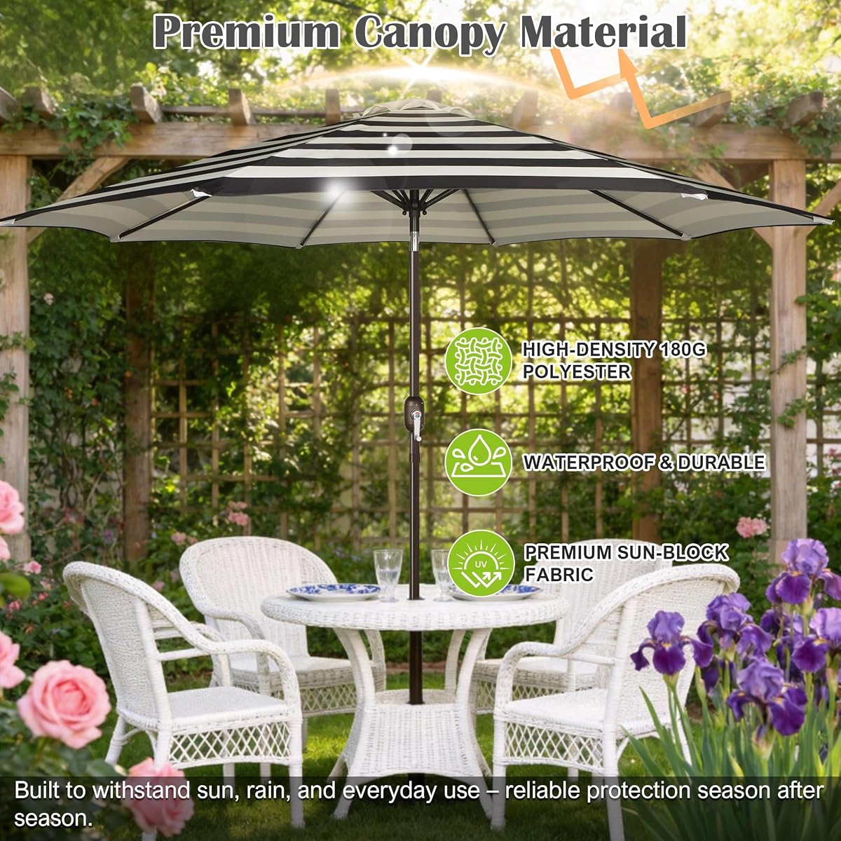 Blissun 10FT Patio Umbrella, Outdoor Table Umbrella, Yard Umbrella, Market Umbrella with 8 Sturdy Ribs, Push Button Tilt and Crank, Black & Ivory Stripe - detail image 3