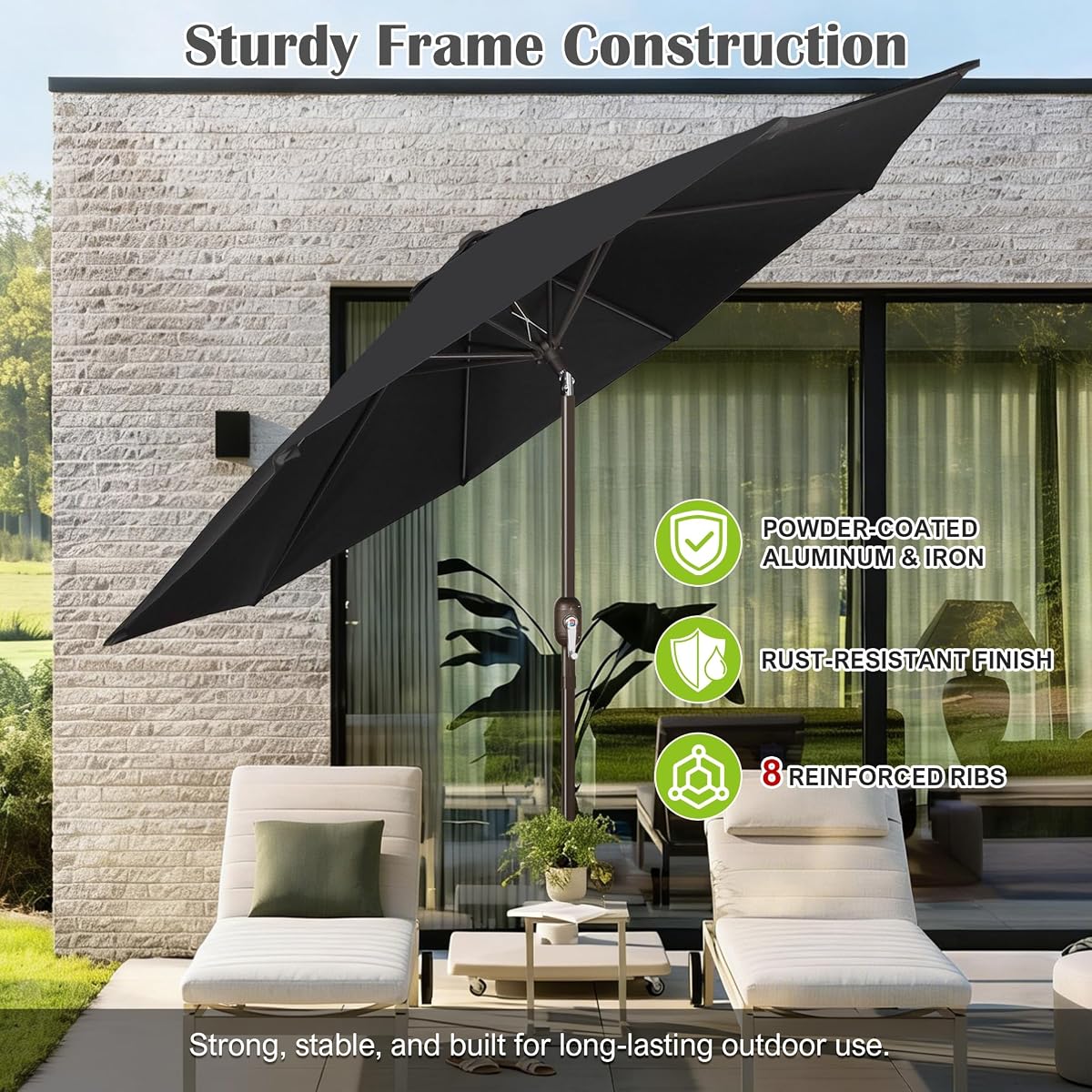 Blissun 10FT Patio Umbrella, Outdoor Table Umbrella, Yard Umbrella, Market Umbrella with 8 Sturdy Ribs, Push Button Tilt and Crank, Black - detail image 2
