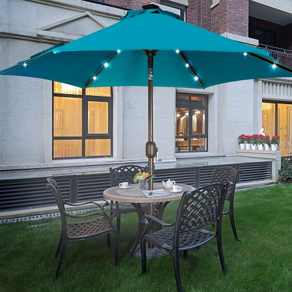 Blissun 7.5 ft Solar Umbrella, 18 LED Lighted Patio Umbrella, Table Market Umbrella, Cerulean - detail image 6