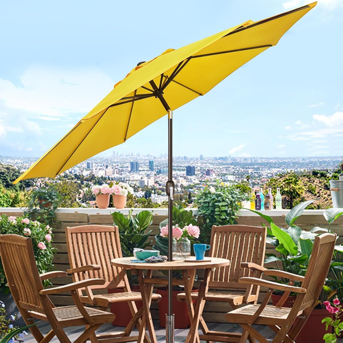 Blissun 9' Outdoor Patio Umbrella, Outdoor Table Umbrella, Yard Umbrella, Market Umbrella with 8 Sturdy Ribs, Push Button Tilt and Crank (Yellow) - detail image 5