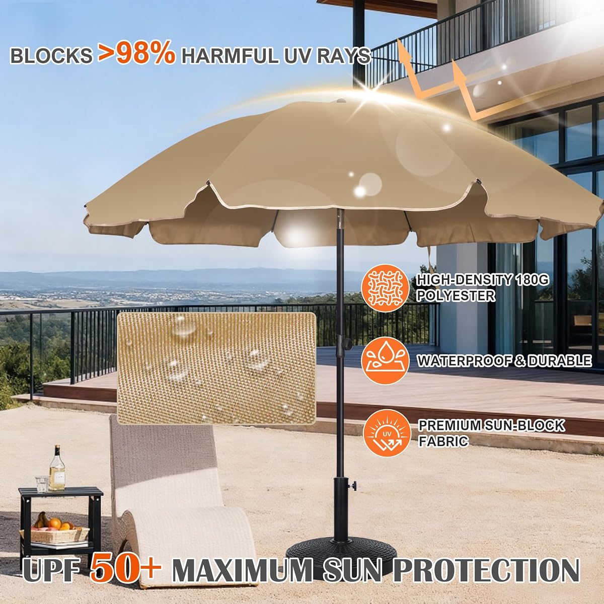 Blissun 6.5ft Patio Umbrella with Push Button Tilt & Height Adjustable, UV50+ Sun Protection with Sturdy Fiberglass Ribs & Iron Pole, Market Umbrella for Outdoor Table Garden Backyard Beach, Tan - detail image 4
